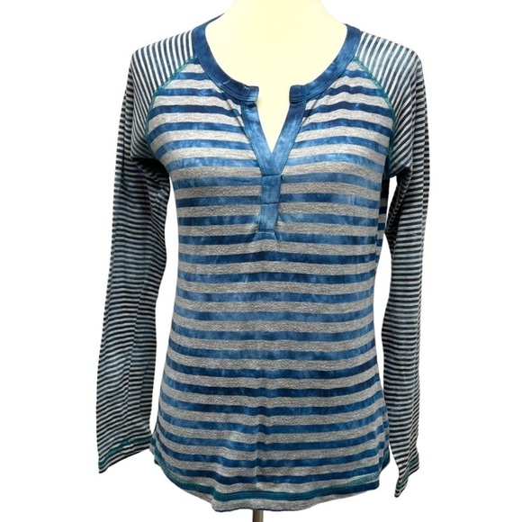 Prana able & Gray Striped Split Neck Cotton Blend Long Sleeve Pullover Medium - Picture 3 of 10